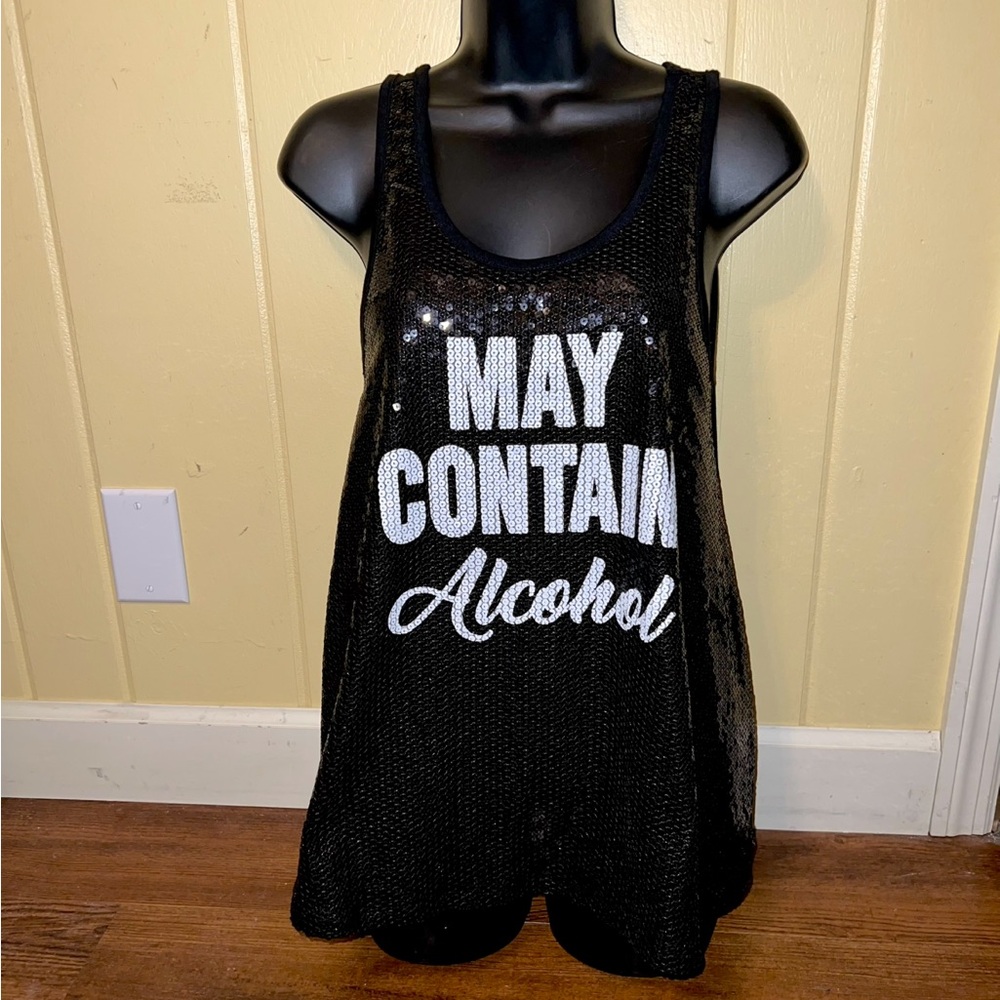 Paradiso Black Sequin White Graphic Party Cocktail Swoop Neck Tank Top Size M